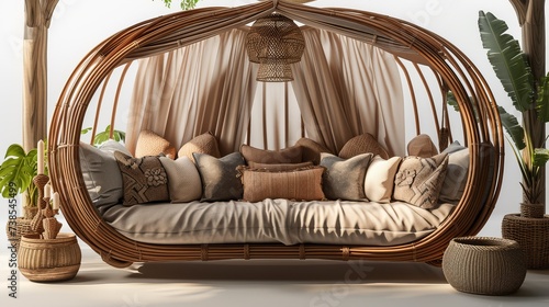  Stylish outdoor bohemian daybed with comfortable pillows and plants.          photo
