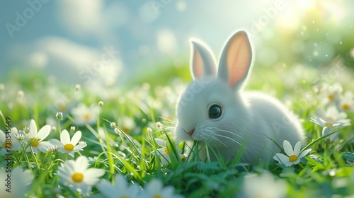 A white cute rabbit grazing on the green grass with flowers. Animal and nature background