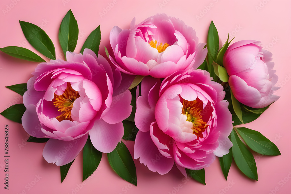 Pink Flowers With Green Leaves on a Pink Background