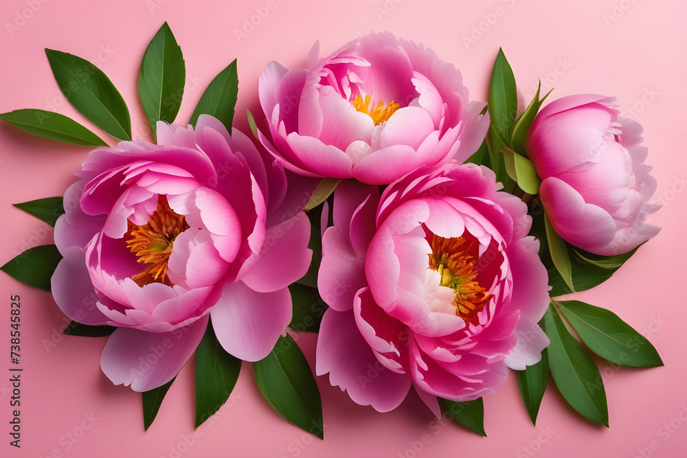 Obraz premium Pink Flowers With Green Leaves on a Pink Background