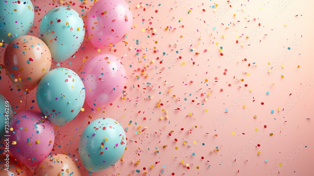 Festive background with pastel balloons and confetti, perfect for birthday celebrations. Festive background with pastel balloons and confetti, perfect for birthday celebrations.