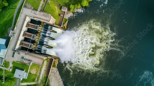 Aerial view of water discharge at hydroelectric power plant dam. photo