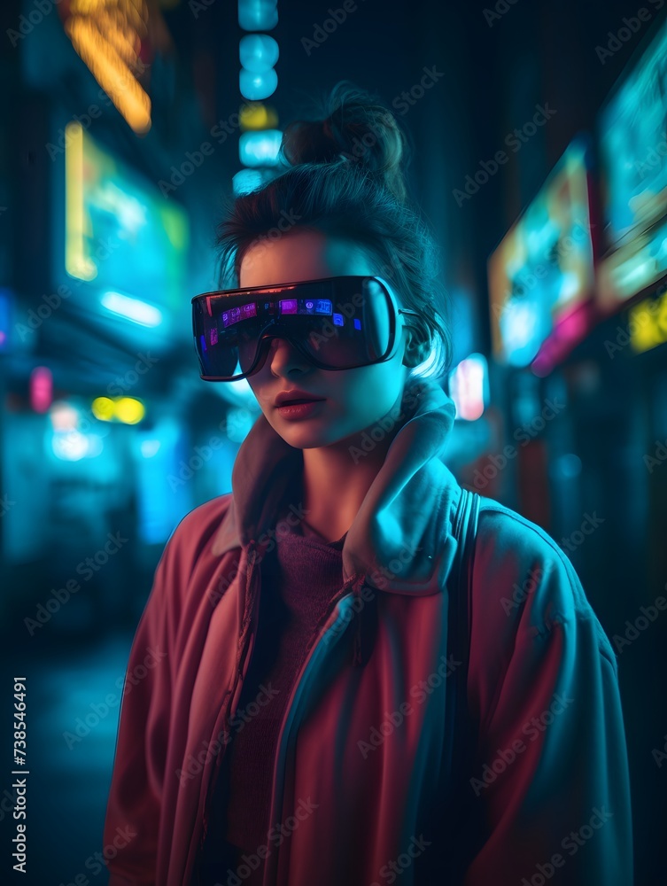 woman exploring a digital night city in VR glasses