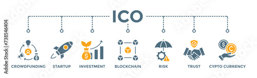 ICO banner web icon vector illustration concept of initial coin offering with icon of crowdfunding, startup, investment, blockchain, risk, trust and cypto currency