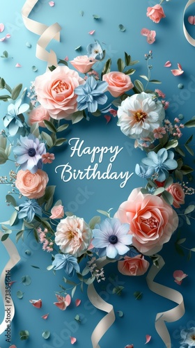 Elegant floral Happy Birthday card with roses and ribbons on a blue background. © Liana