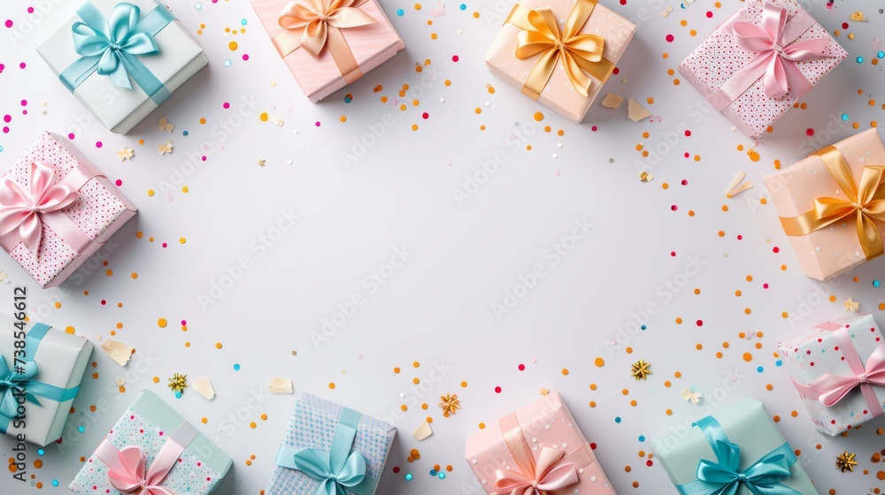 Gift boxes with pastel ribbons and confetti on a white background, space for text. Gift boxes with pastel ribbons and confetti on a white background, space for text.