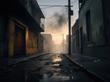 A street with smoke coming out of the buildings. Generative AI.