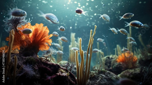 An underwater scene with fish and coral. Generative AI. photo