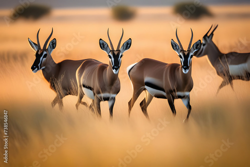 Group of Antelope Walking Across Dry Grass Field