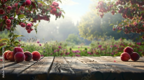 Empty rustic old wooden board table copy space with peach trees or an orchard in the background. Some ripe fruits are on the desk. Product display template.