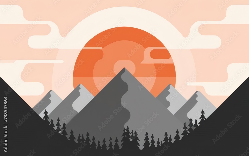 A minimalistic mountain sunrise, emphasizing simplicity through clean lines and soft, neutral hues.