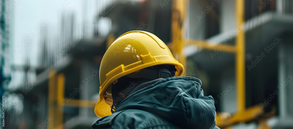 A back shot of a construction worker, wearing a hard helmet, looking into the construction site in the background. A back shot of a construction worker, wearing a hard helmet, looking into the construction site in the background.