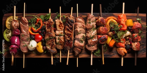 delicious chicken satay on a wooden board with a black background