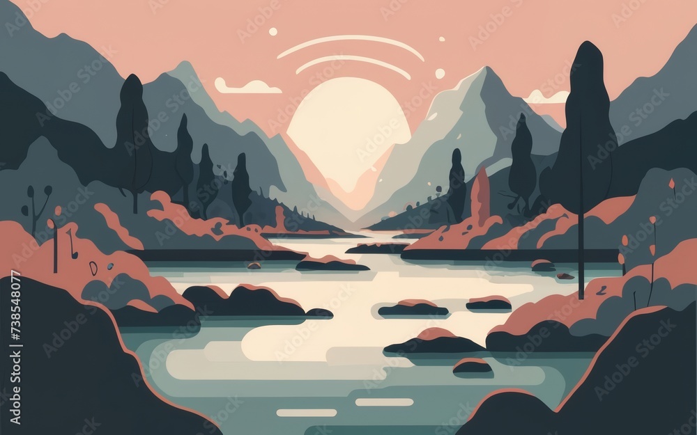 A serene river landscape with minimalistic design, emphasizing clean lines and muted colors for a calming nature-inspired backdrop. - obrazy, fototapety, plakaty 