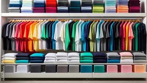 Colorful t-shirts on hangers and folded on shelves at store. Fashion design photo