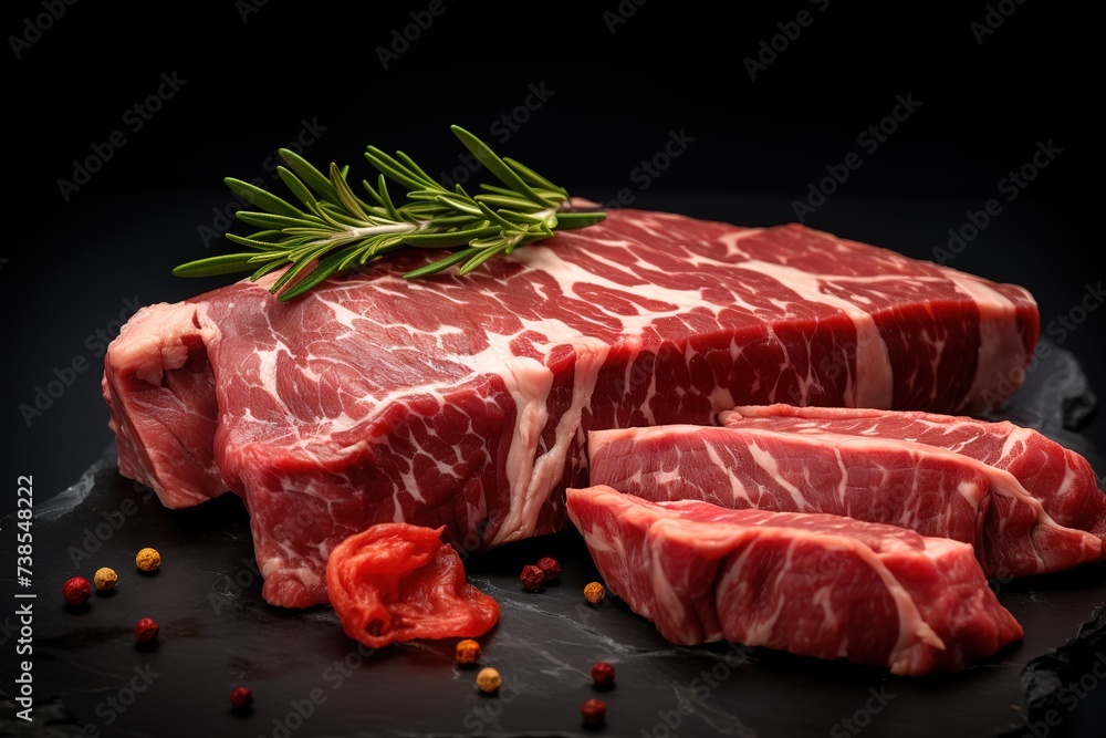 Raw meat, beef steak on black background, side view