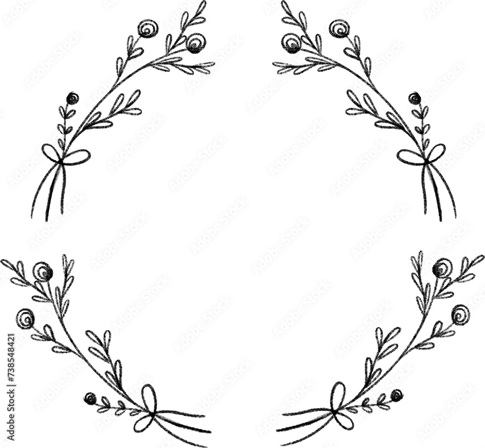 Hand drawn floral wreath. Hand drawn leaves and flowers garlands. Wild floral design elements. 