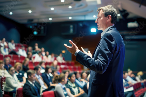 Confident businessman delivering a corporate presentation at a seminar or conference