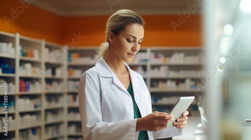 A beautiful young female pharmacist uses a digital tablet computer, checks the availability of medicines, medicines, vitamins, and health products at the pharmacy.