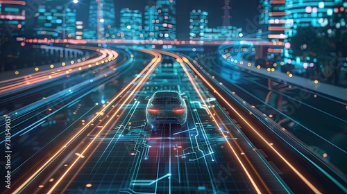 A digital representation of an autonomous vehicle navigating through a vibrant smart city s illuminated network pathways.