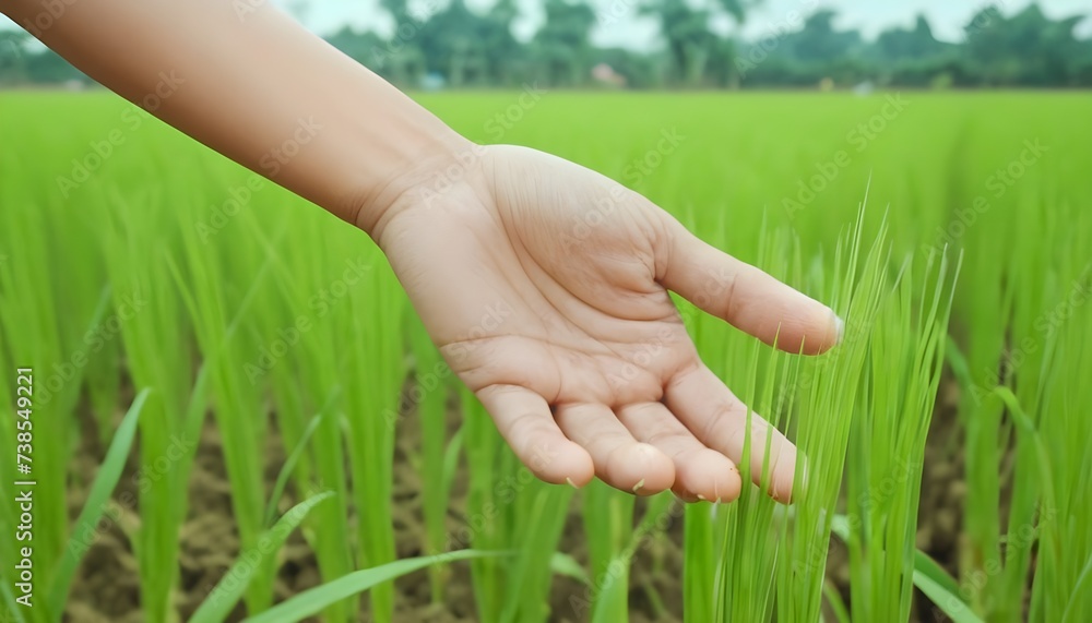 Fototapeta premium Female hand touching rice in a paddy rice field and smart farming icons technology. Innovation Agricultural technology, Modern agriculture, Smart farming system concept.
