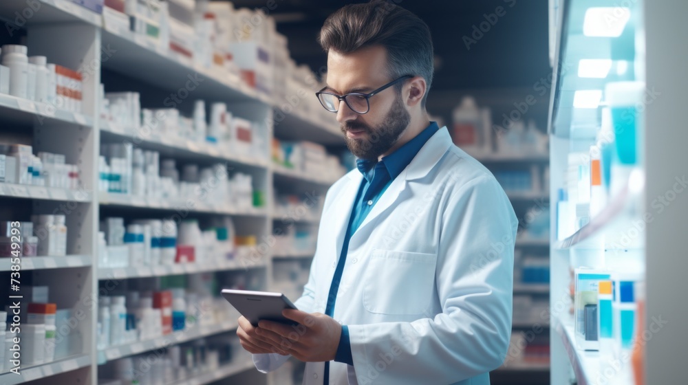 A professional male pharmacist uses a digital tablet computer, checks the availability of medicines, medicines, vitamins, and health products at the pharmacy. Modern technologies, Healthcare concepts.
