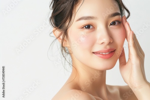 顔に手をあてる肌の綺麗な日本人女性（アジア人・白背景・背景なし）	