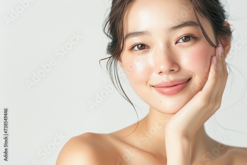 顔に手をあてる肌の綺麗な日本人女性（アジア人・白背景・背景なし） 