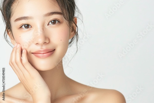 顔に手をあてる肌の綺麗な日本人女性（アジア人・白背景・背景なし） 