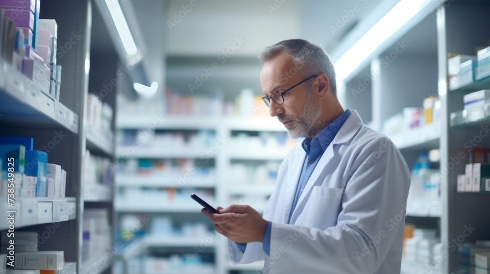A confident male pharmacist wearing a lab coat and glasses uses a smartphone in a pharmacy. Modern technologies, Health products, Healthcare concepts.