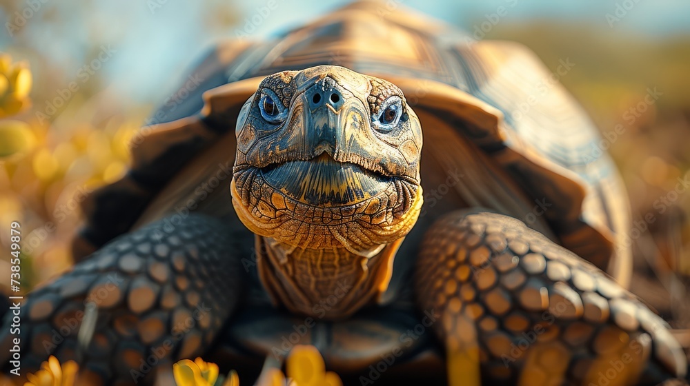 Obraz premium Close-up portrait of a tortoise with intricate shell patterns against a floral background