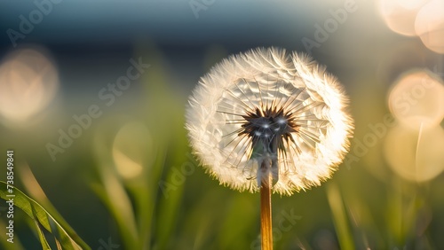 Dandelion fluffy flower on sunset sky background