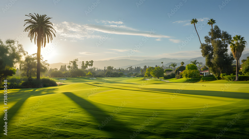 Obraz premium Diverse Golf Courses, Lush Green Fairways and Scenic Backdrops, golf course in the morning, course in summer