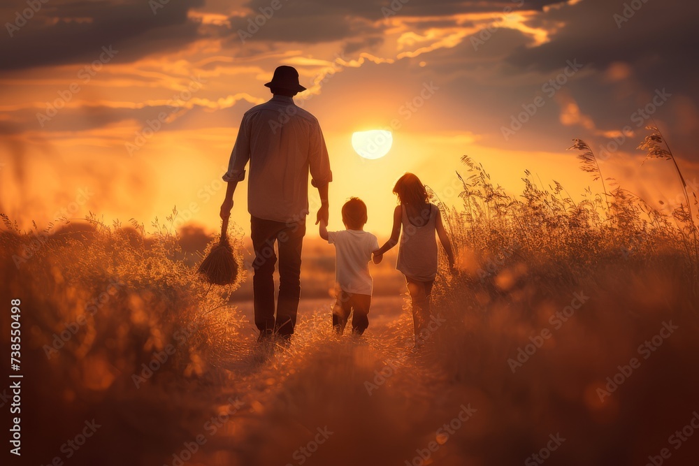 Back view of a family walking together in the countryside during a beautiful sunset.