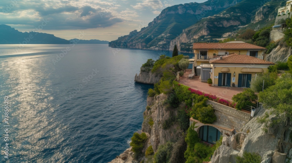 Seaside Luxury Villa Twilight - An exquisite image of a luxury villa perched on the cliffside as twilight settles over the Mediterranean Sea, illustrating the tranquil lifestyle of the rich and famous