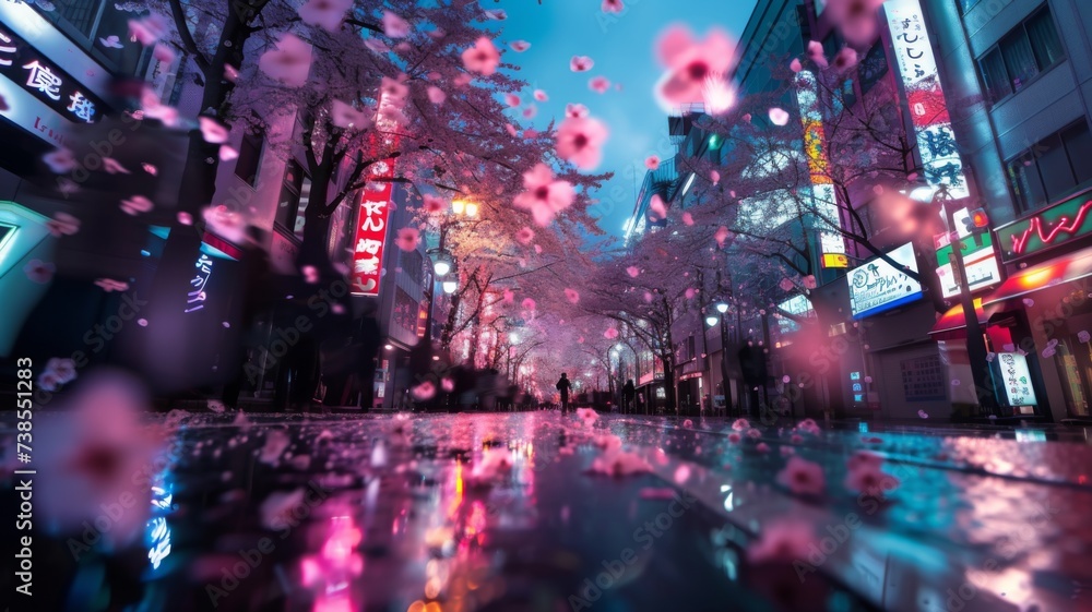 Neon Glow Cherry Blossom Avenue - The magical glow of cherry blossoms on a lively avenue, reflecting the neon urban vibrancy.