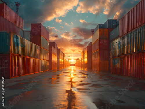 A red container sits in a shipping yard with a beautiful sunset in the background.