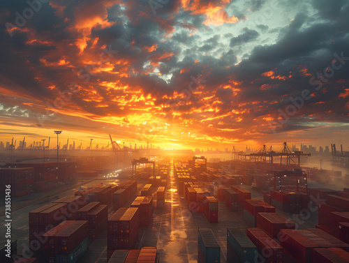 A red container sits in a shipping yard with a beautiful sunset in the background.