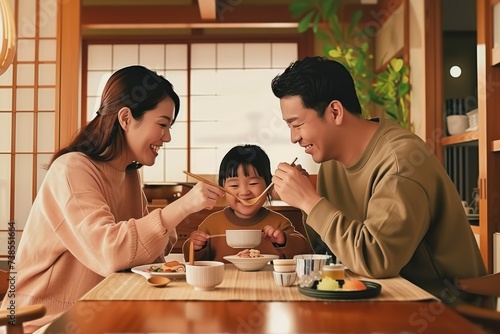 A family with a child joyfully sharing a meal in a warm home environment.