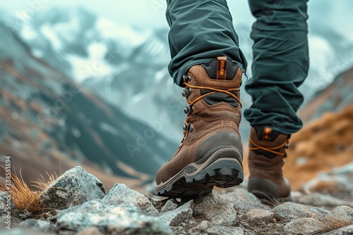 Close up photo of the feet of a mountaineer who is climbing a mountain wearing hiking boots