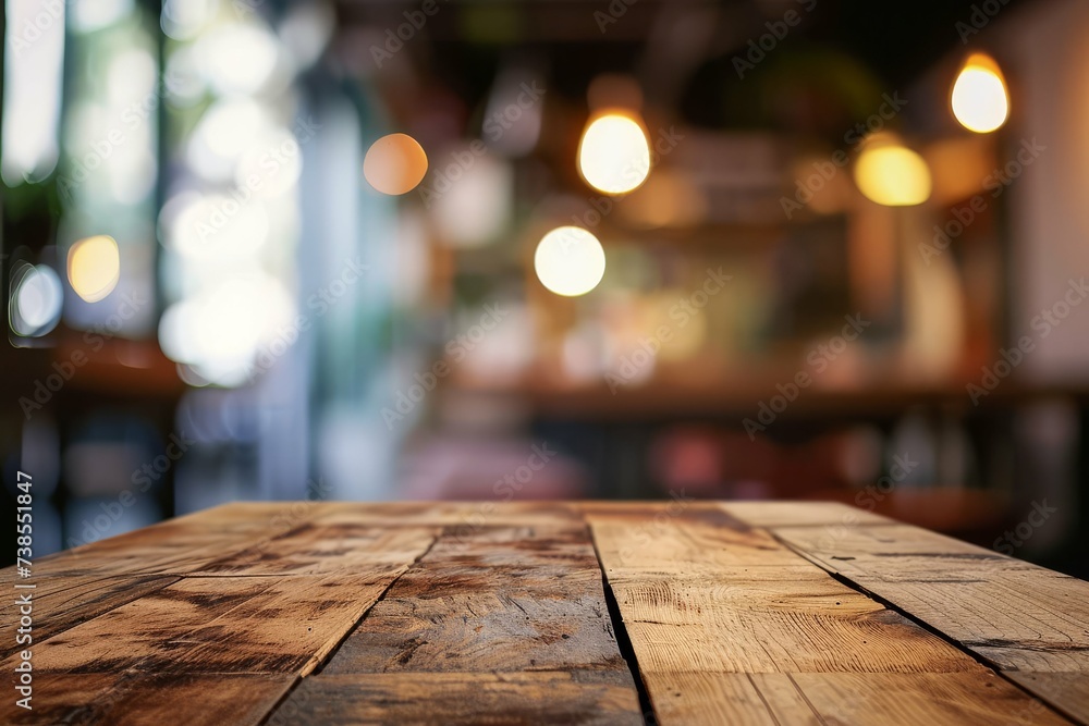 Empty wooden table top with a blurred cafe background. Empty wooden table top with a blurred cafe background.