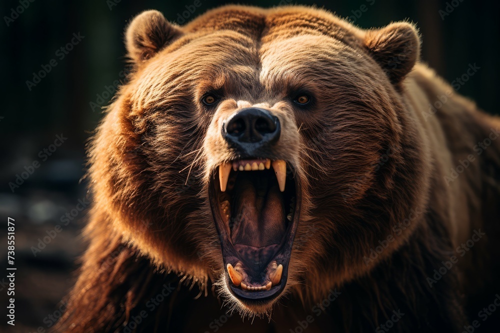 A grizzly bear captured mid-roar in the wilderness. - obrazy, fototapety, plakaty 