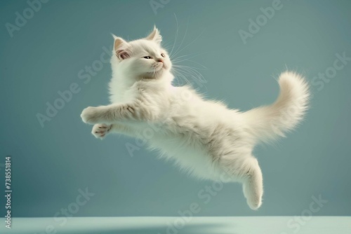 Happy fluffy white cat jumping on isolated solid background