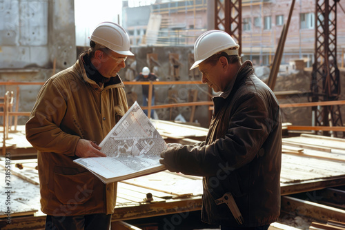 manager talking about architectural plan at construction site
