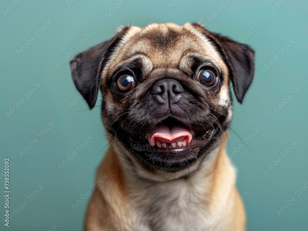 The image of a Cheerful Pug, featuring a Quirky Smile, against a Soft Mint Green Backdrop symbolizes Freshness