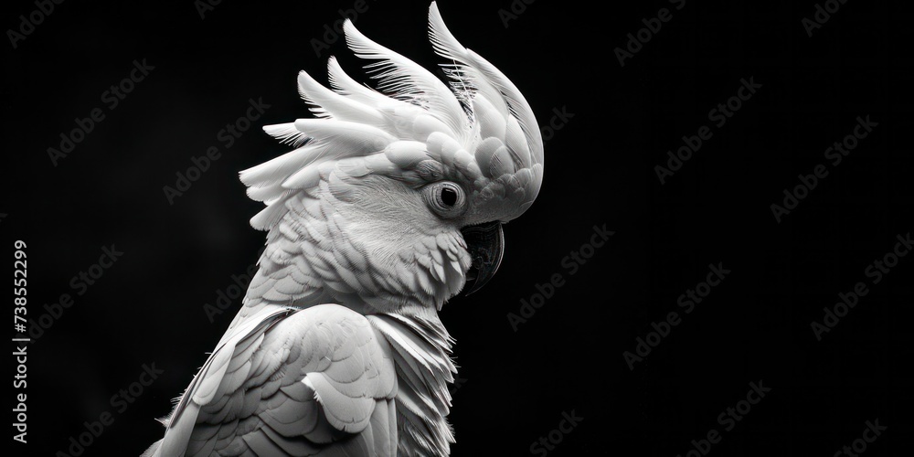 Fototapeta premium Drama is accentuated by an Elegant Cockatoo with Crest Raised against a Pure Black Background