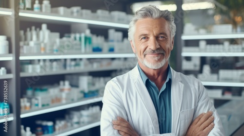 A professional confident senior male medical worker, pharmacist in a lab coat, crosses his arms over his chest and looks at the camera in the pharmacy.