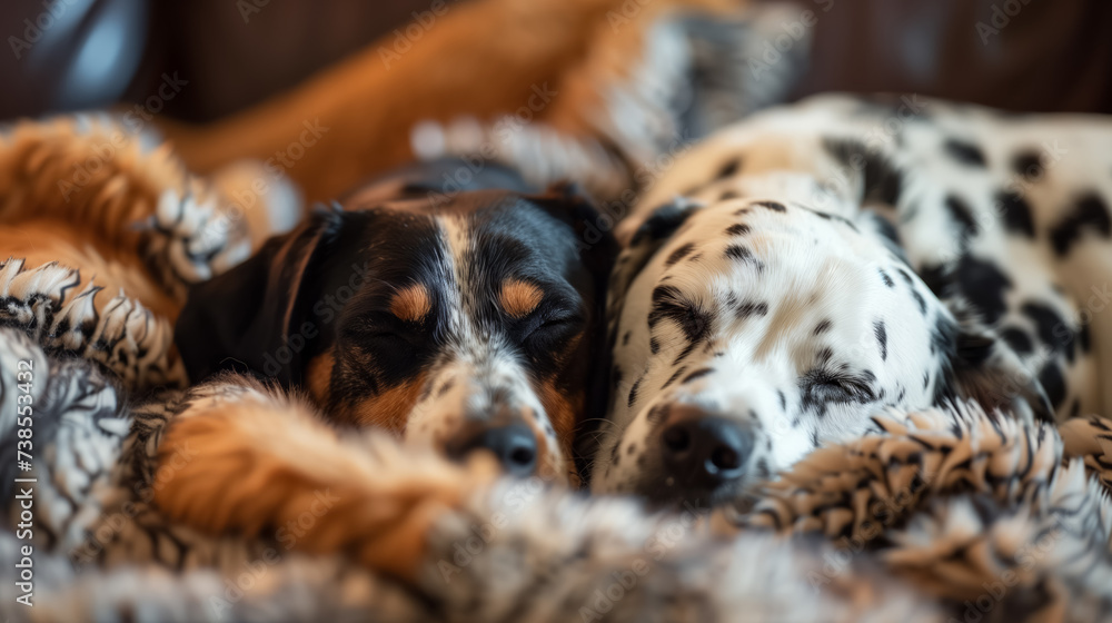 Two dogs cuddling on a cozy blanket.