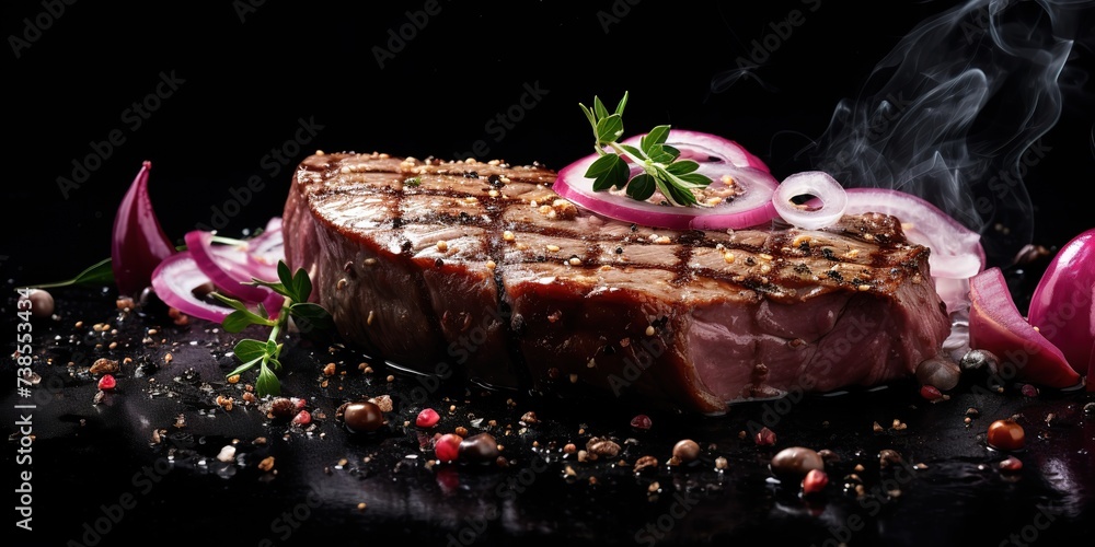 slices of roast beef on a fresh red table, processed roast beef and so, there is empty space for text, greetings, wallpaper, posters, advertisements, etc.,