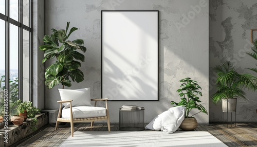 mock-up of a vertical poster frame in a modern living room